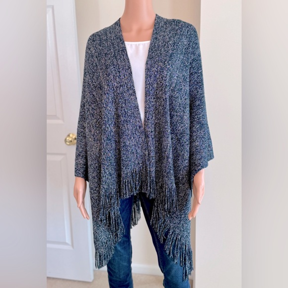 Metallic Silver and Navy Blue Fringe Open Cardigan Poncho One Size Sparkles! - Picture 1 of 10